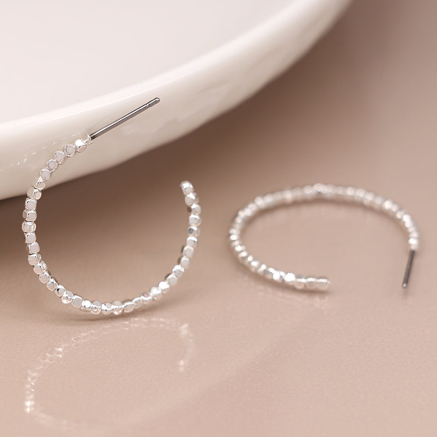 Cube Bead Hoop Earrings - Silver