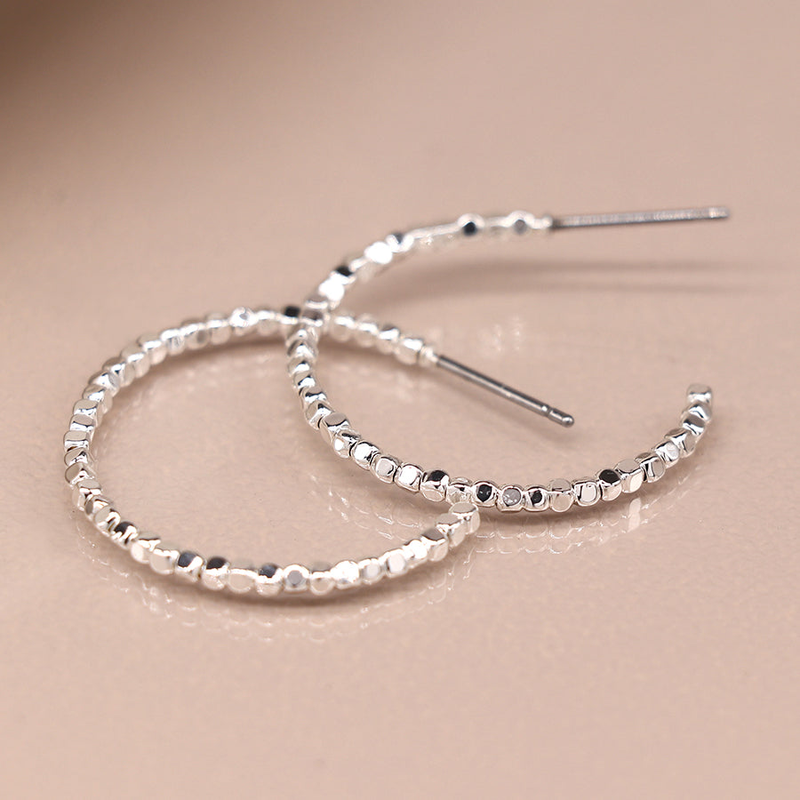 Cube Bead Hoop Earrings - Silver