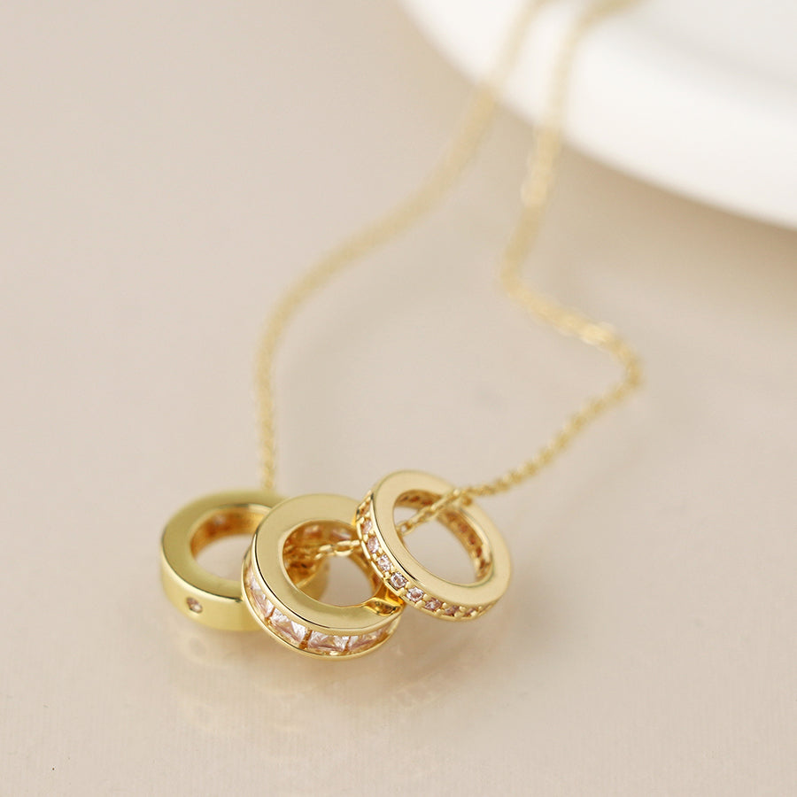 Triple Crystal Hoops Necklace - Gold