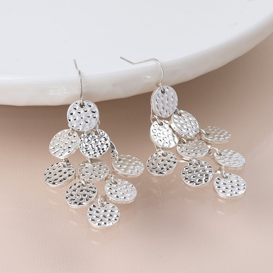 Hammered Disc Drop Earrings - Silver