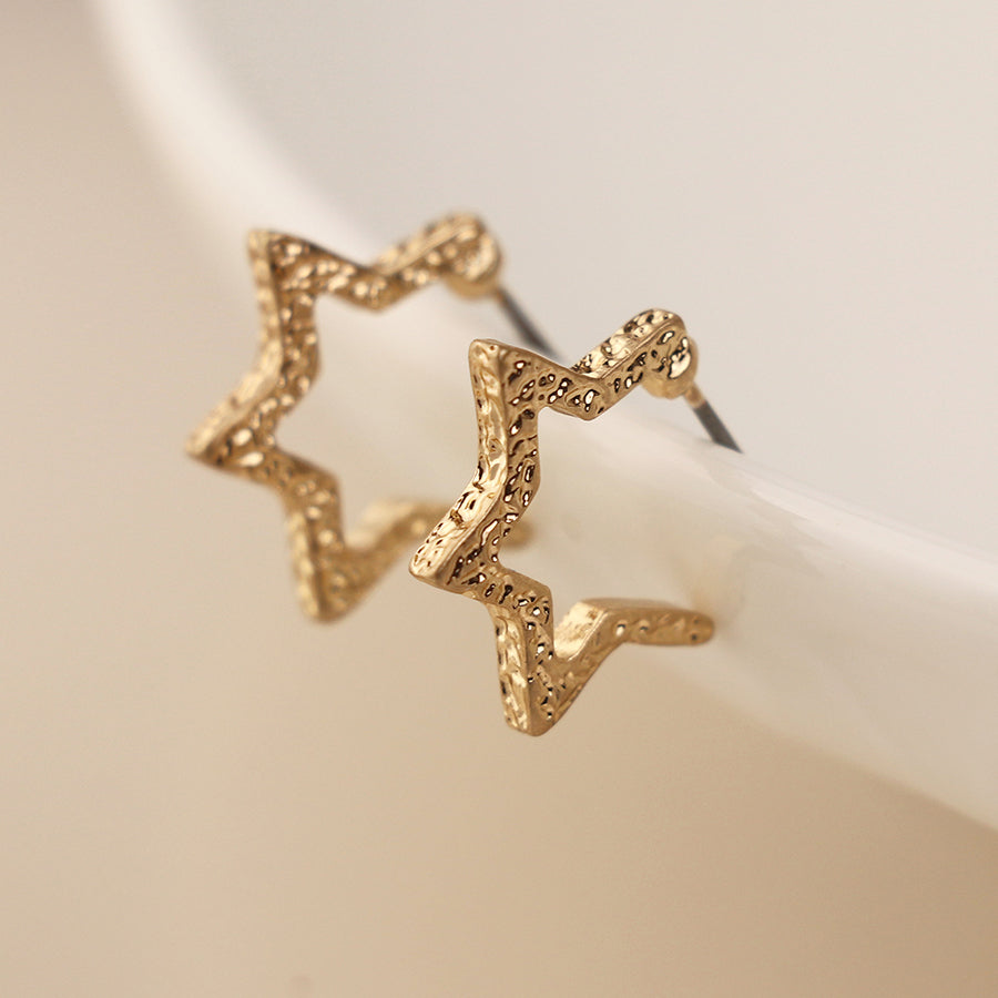 Textured Star Hoop Earrings - Gold