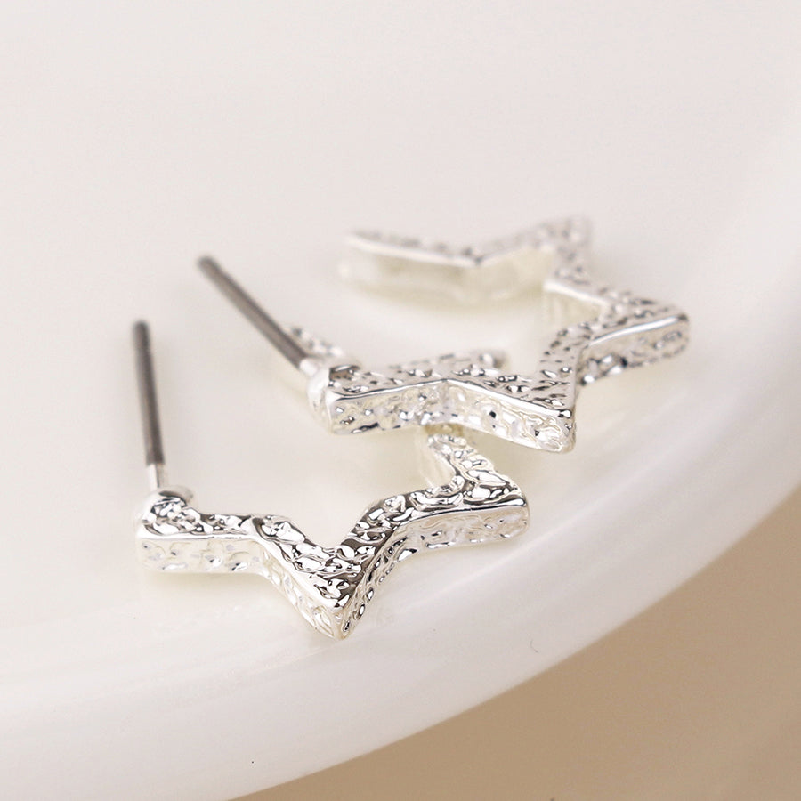 Textured Star Hoop Earrings - Silver
