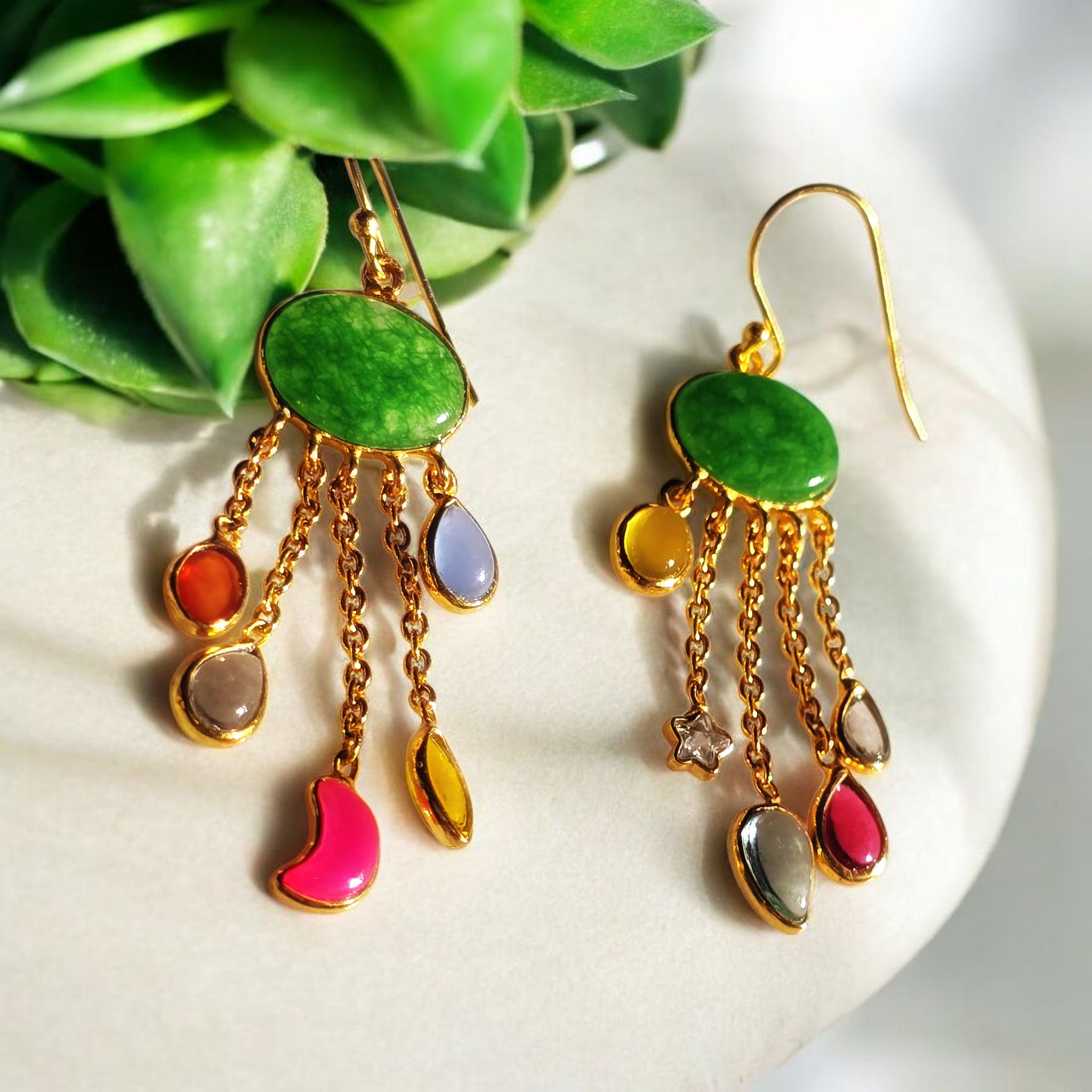 Semi-precious - Oval Drop Earrings - Green Onyx