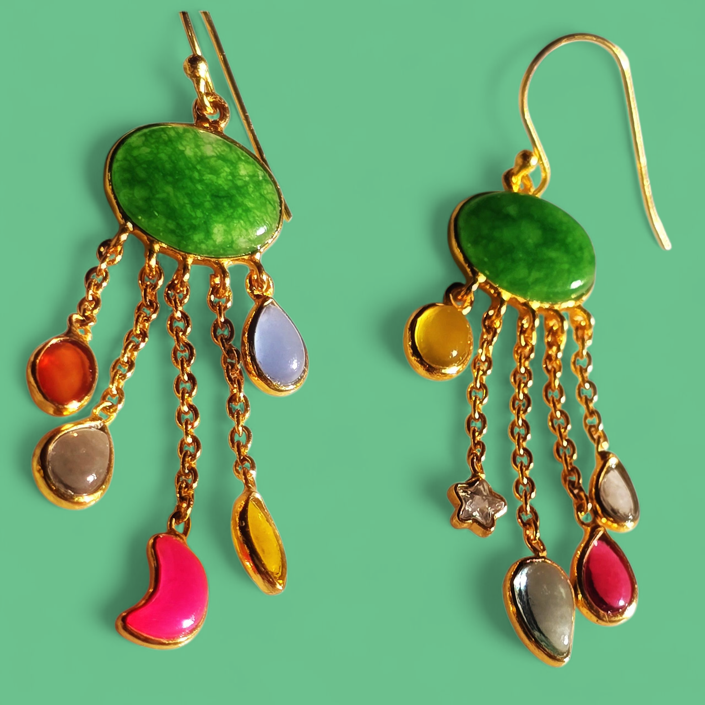 Semi-precious - Oval Drop Earrings - Green Onyx