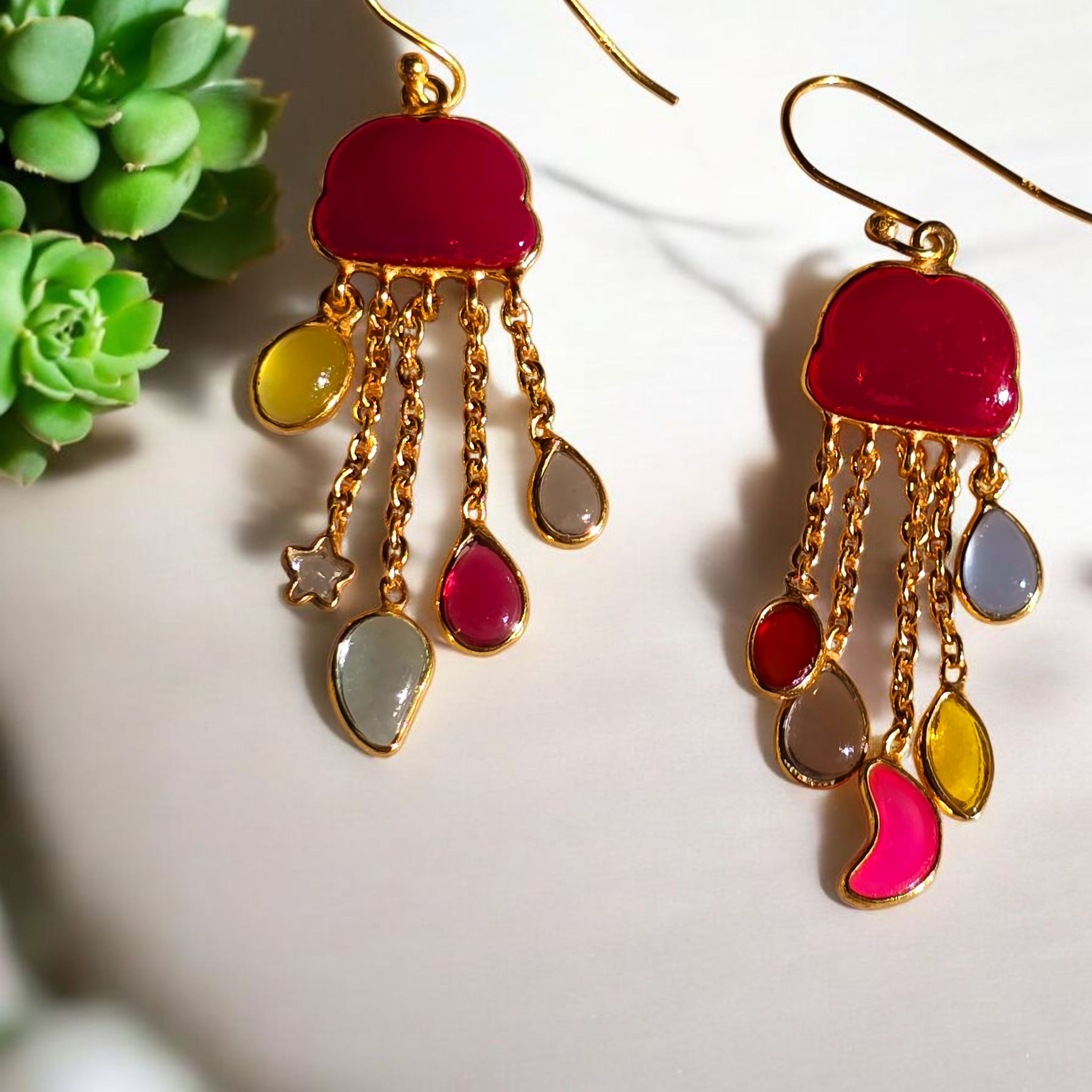 Semi-precious - Cloud Drop Earrings - Fuchsia Chalcedony