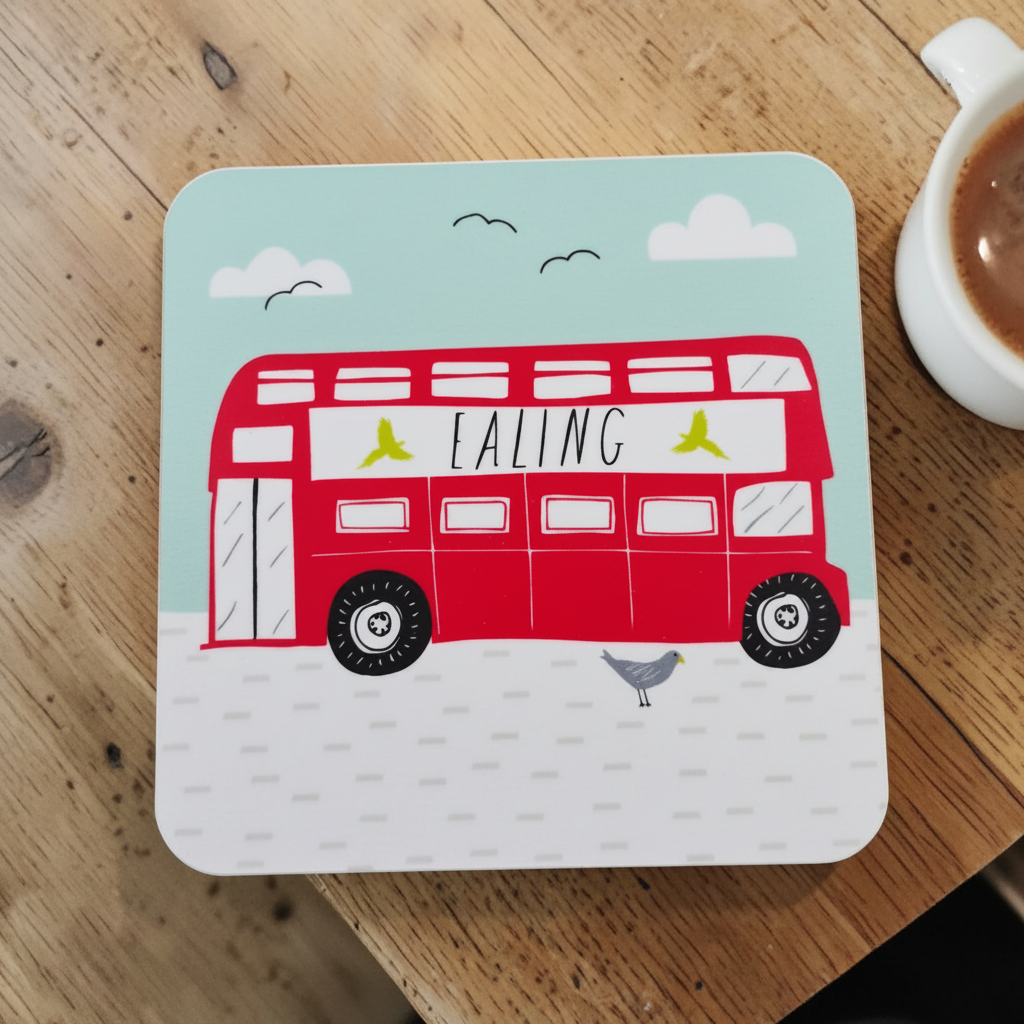 Coaster with a red bus design on a wooden surface with a cup of coffee.