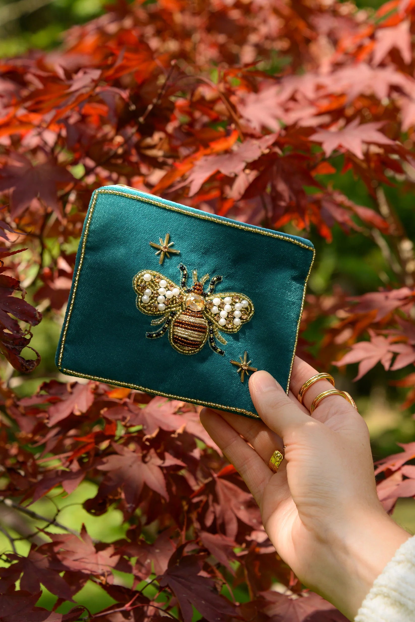 Velvet Teal Golden Bee - Small Pouch