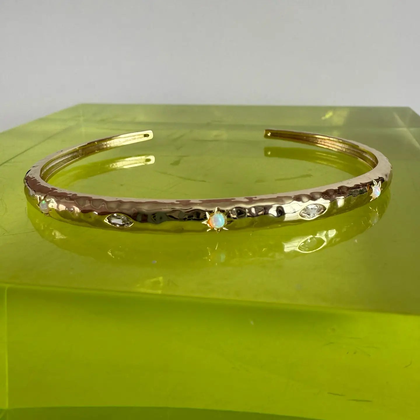 Opal Jewelled Textured Bangle - Silver