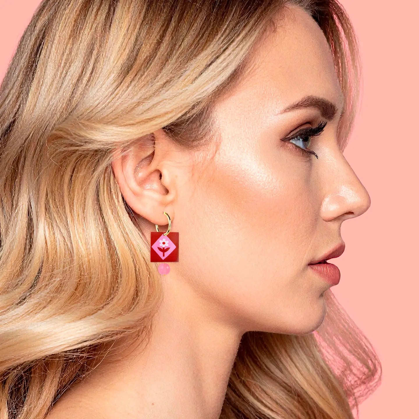 Natalie Lea Owen - Red Pink Folk Floral Hoop Earrings