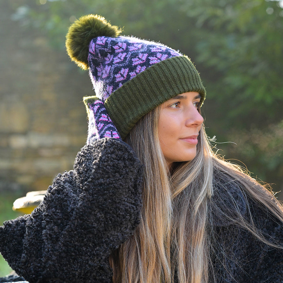 POM - Recycled green & lilac Scandi flower bobble hat