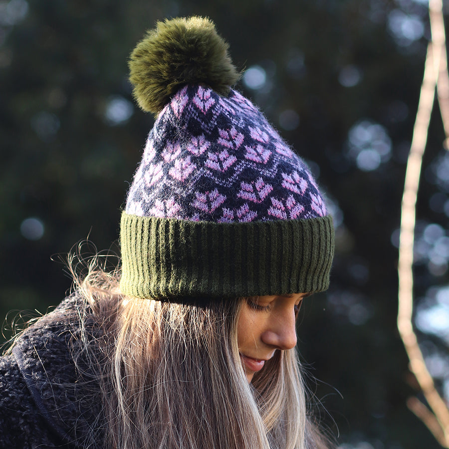 POM - Recycled green & lilac Scandi flower bobble hat