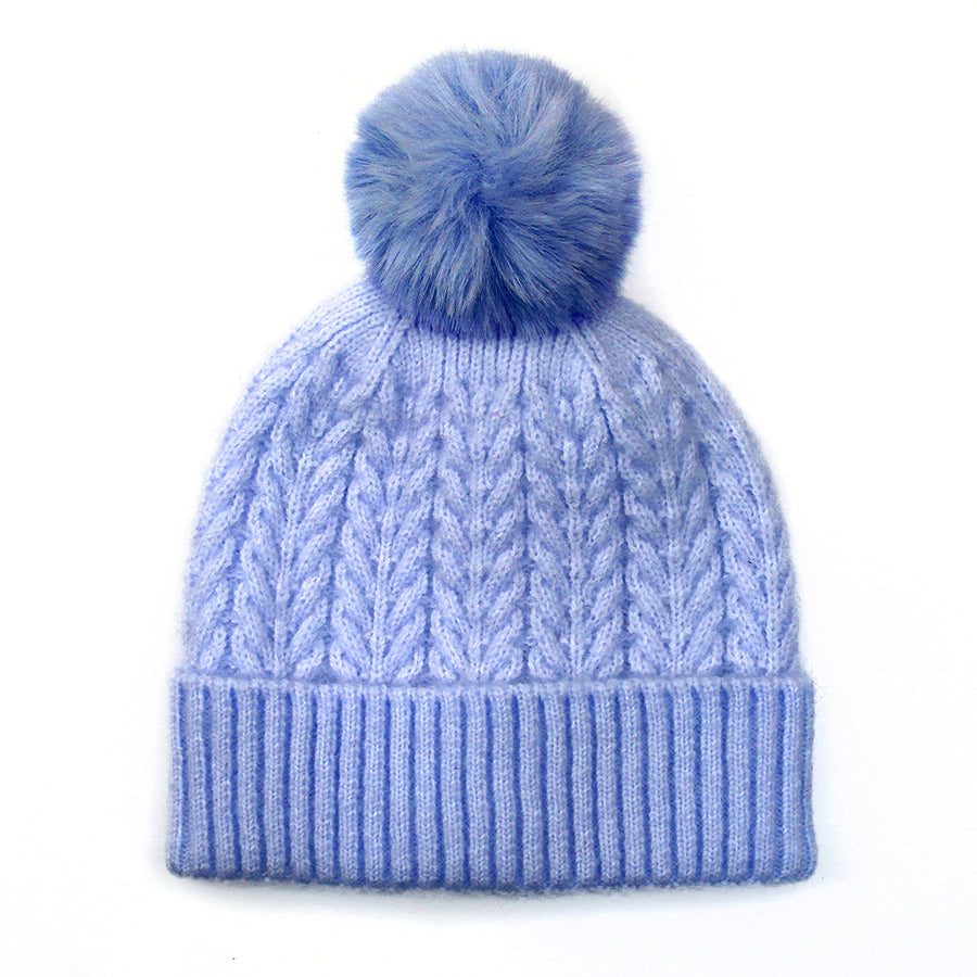 Recycled Herringbone Bobble Hat Blue - POM