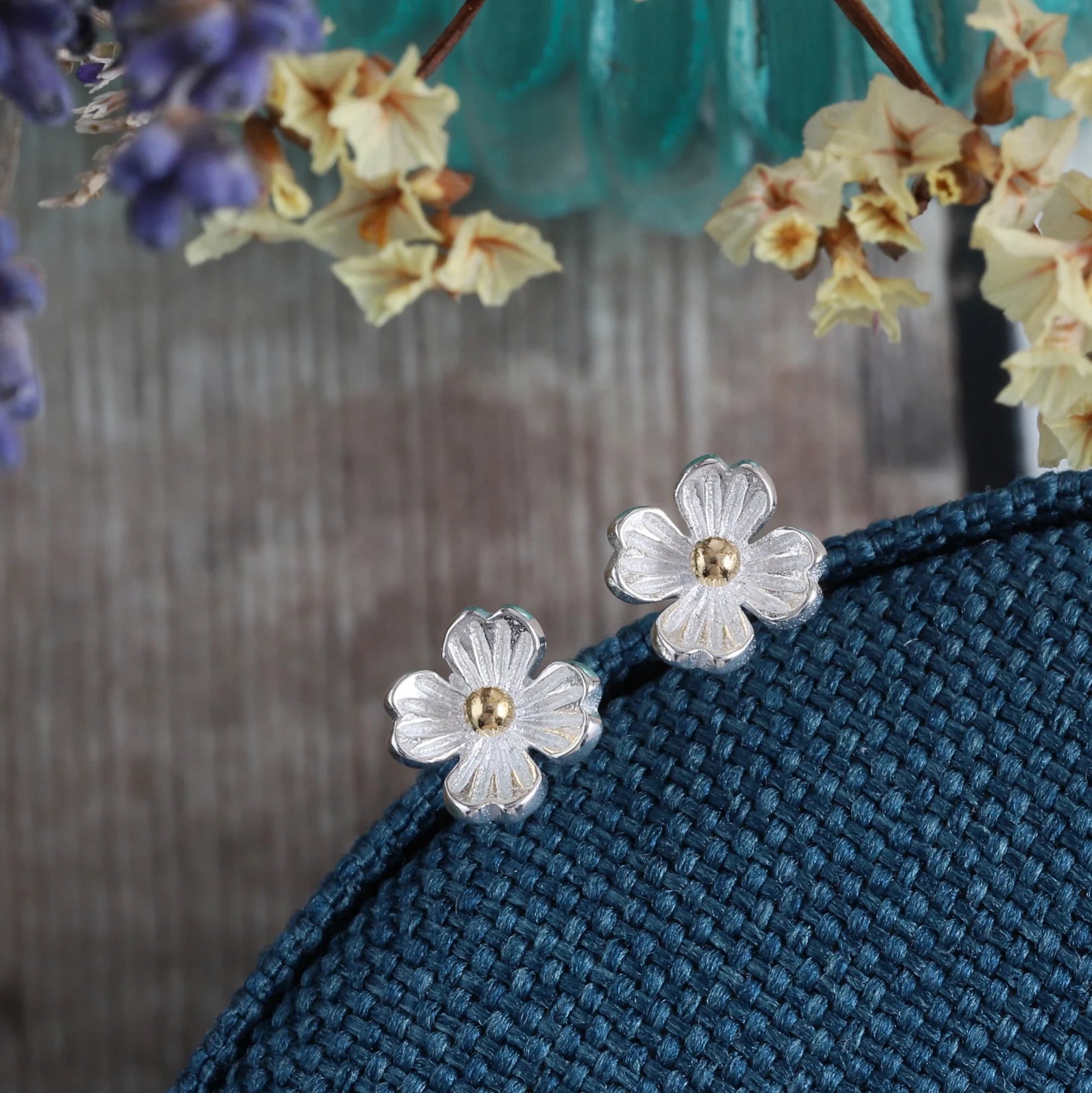 Attic - Four Petal Blossom Flower Earrings - Silver