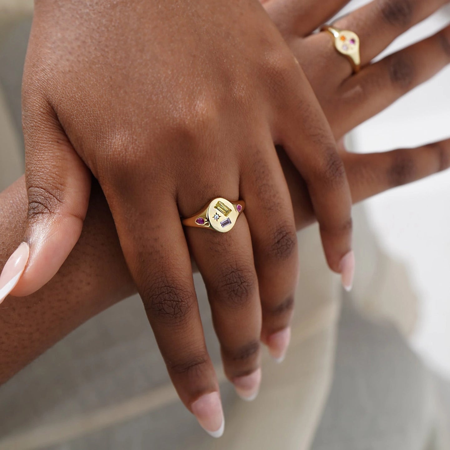 Multi Stone Jewelled Adjustable Signet Ring - Gold