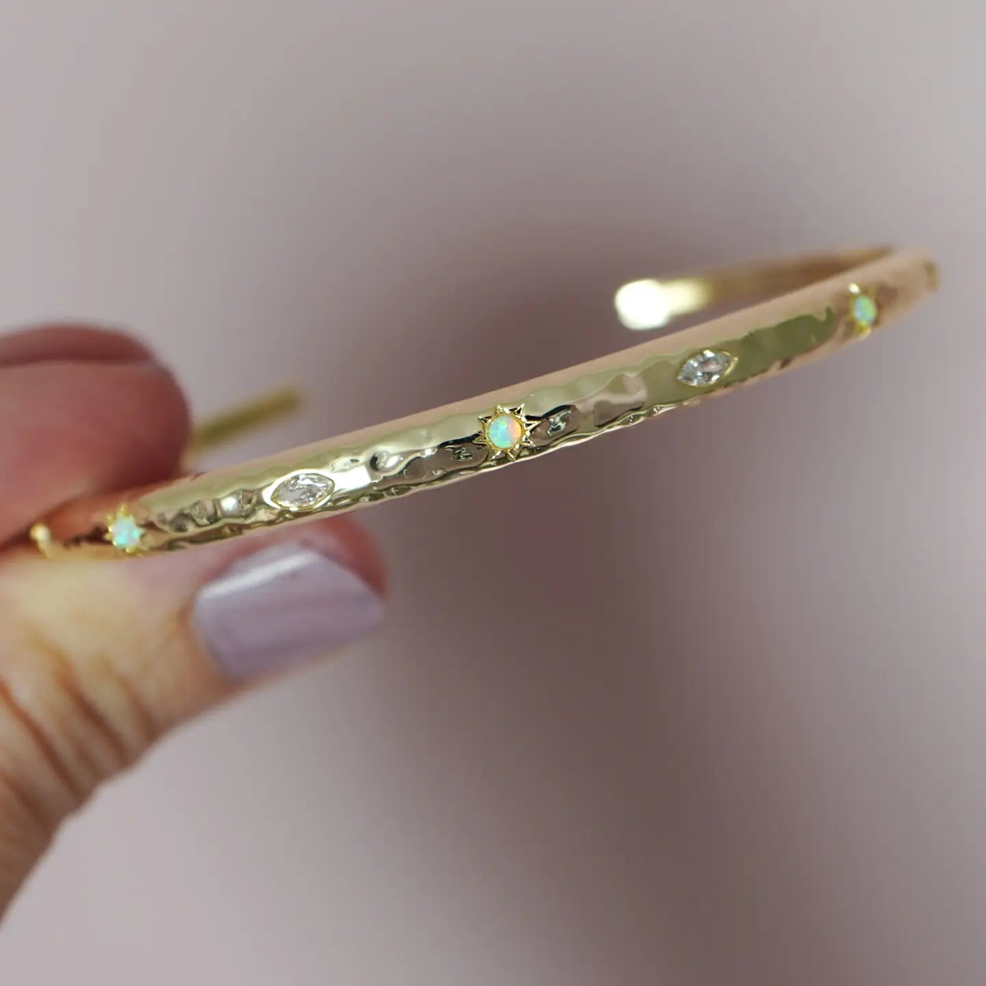 Opal Jewelled Textured Bangle - Silver