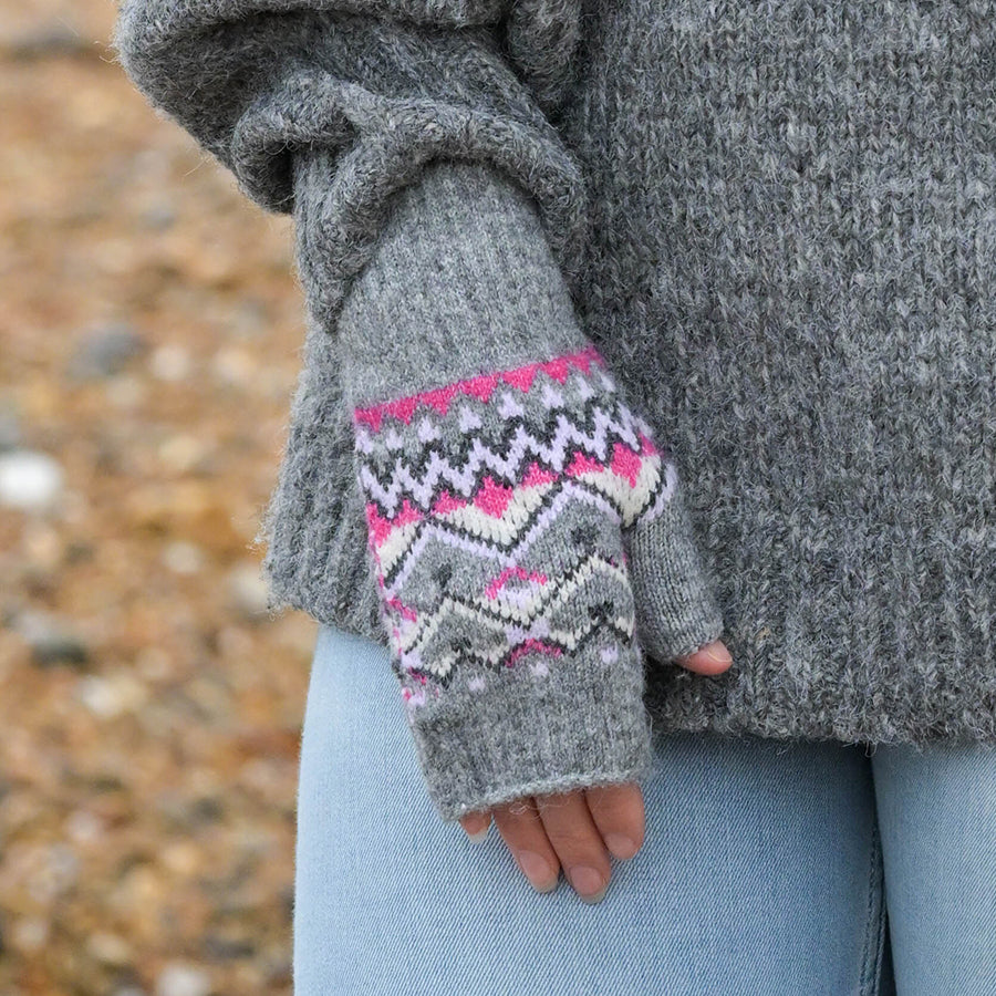 Recycled blend grey mix fair isle wrist warmers