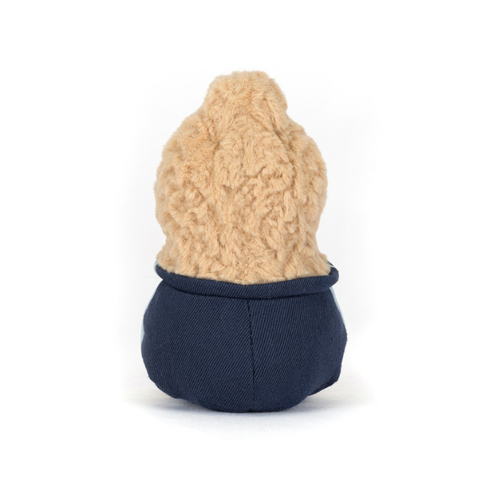 Rear view of Peanut Star Student Outfit showing textured beige plush and the back of its navy outfit.