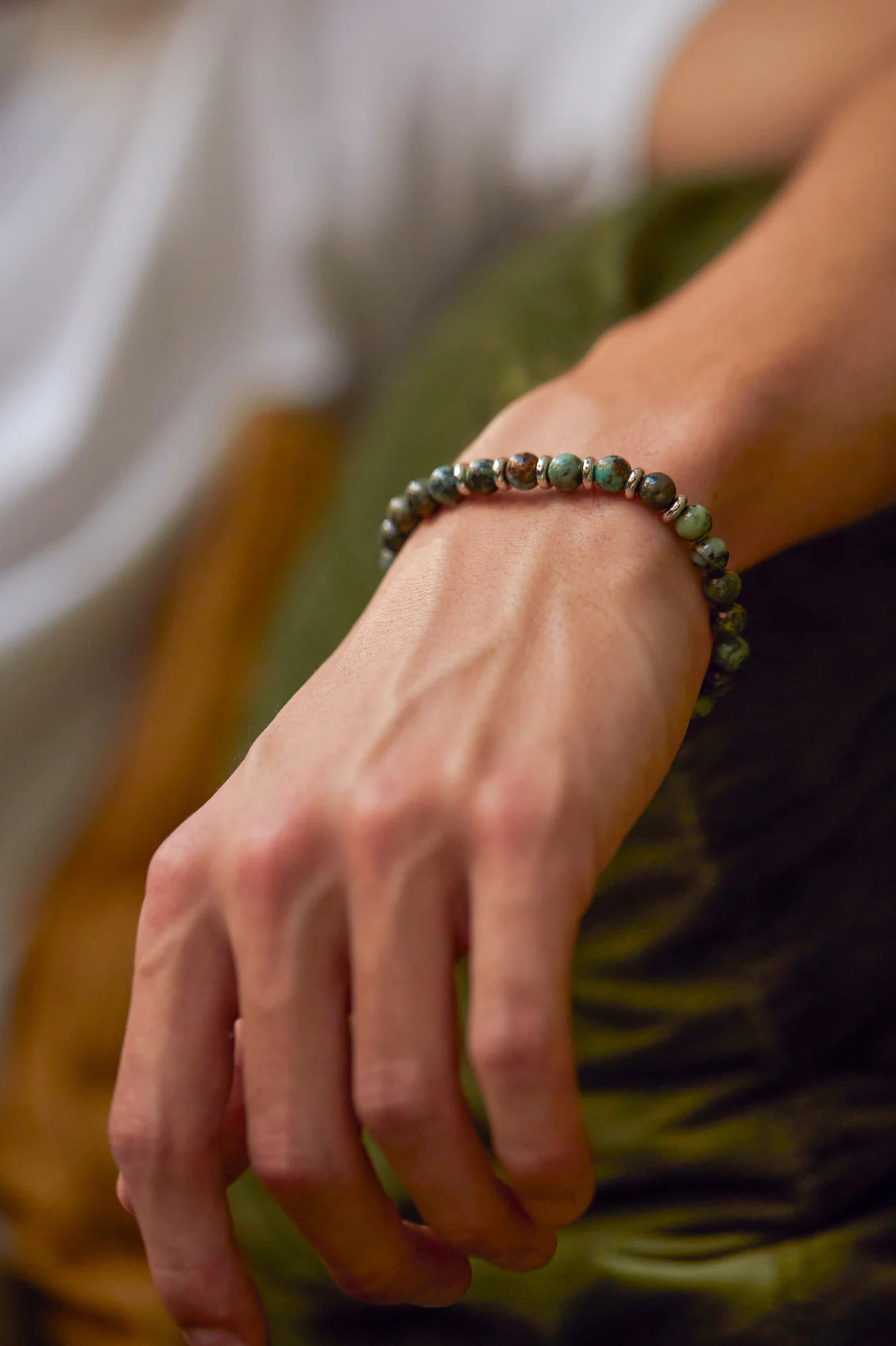 Men's Green Moss Agate Beaded Bracelet