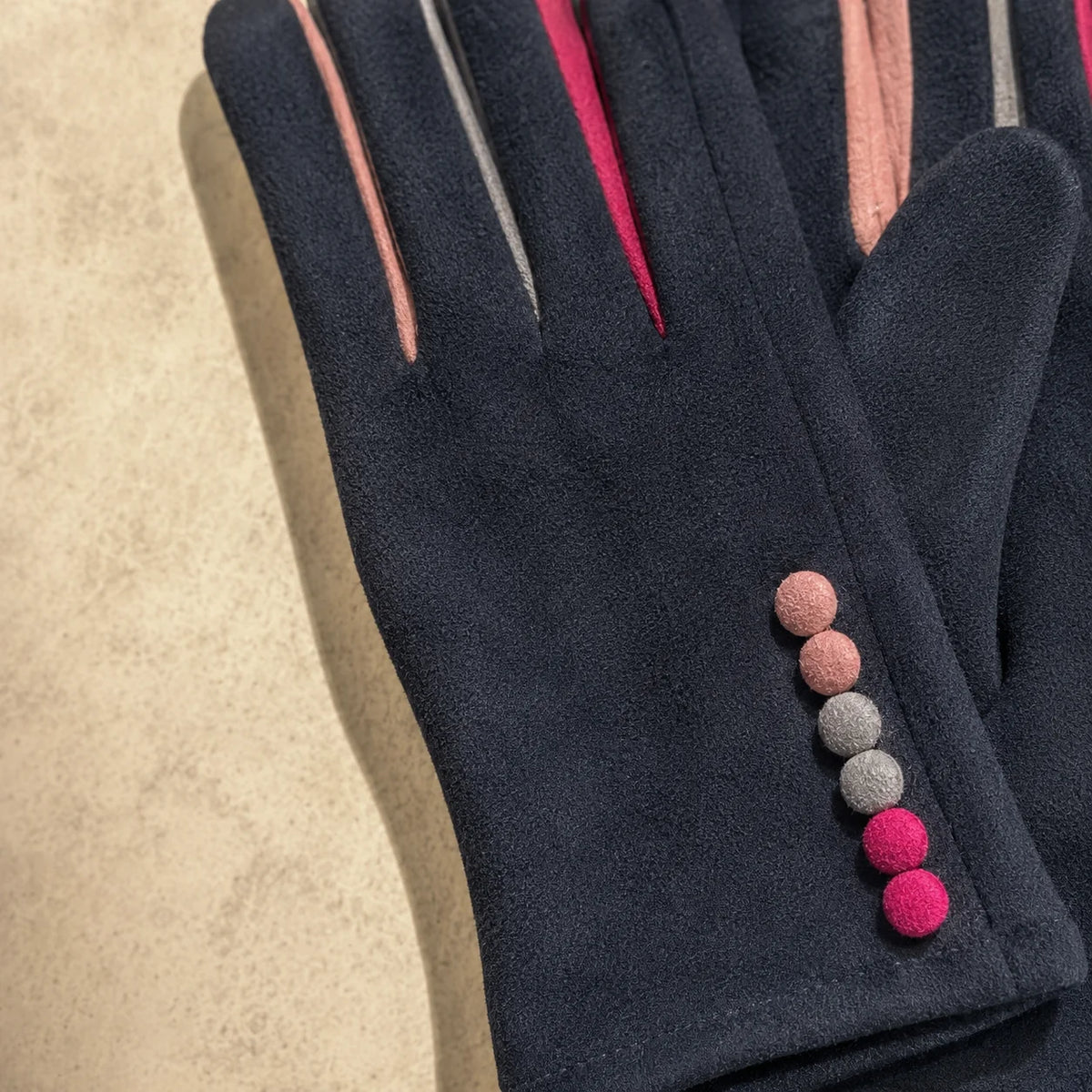 Faux Suede Gloves with Multi Colour Buttons