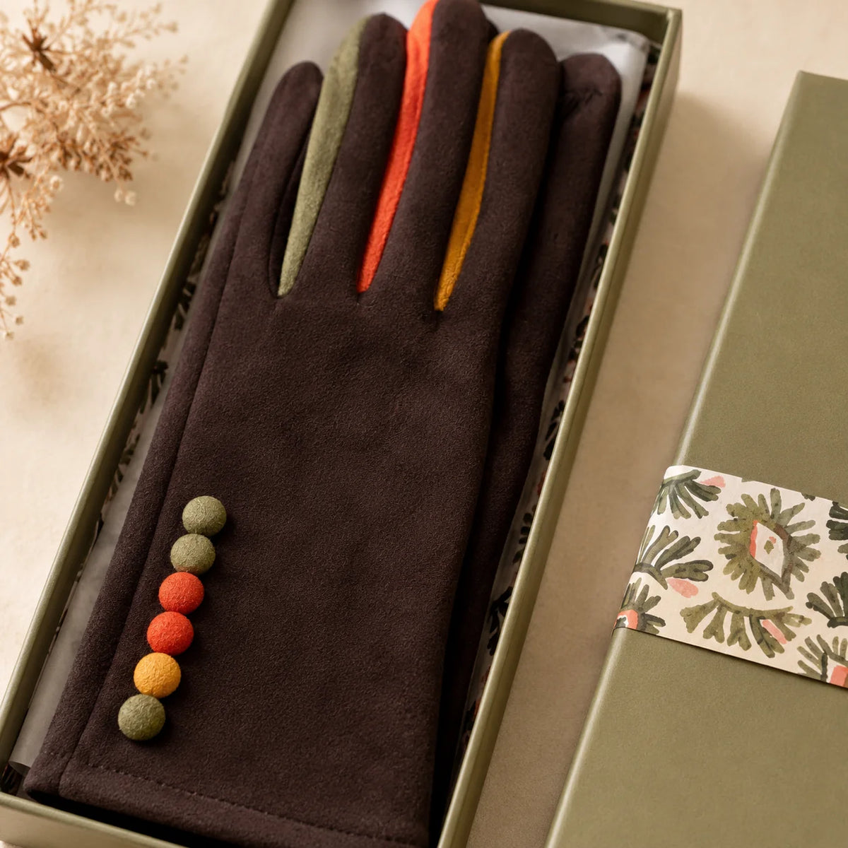 Faux Suede Gloves with Multi Colour Buttons