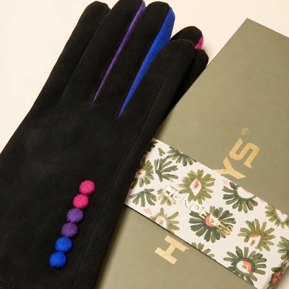 Faux Suede Gloves with Multi Colour Buttons
