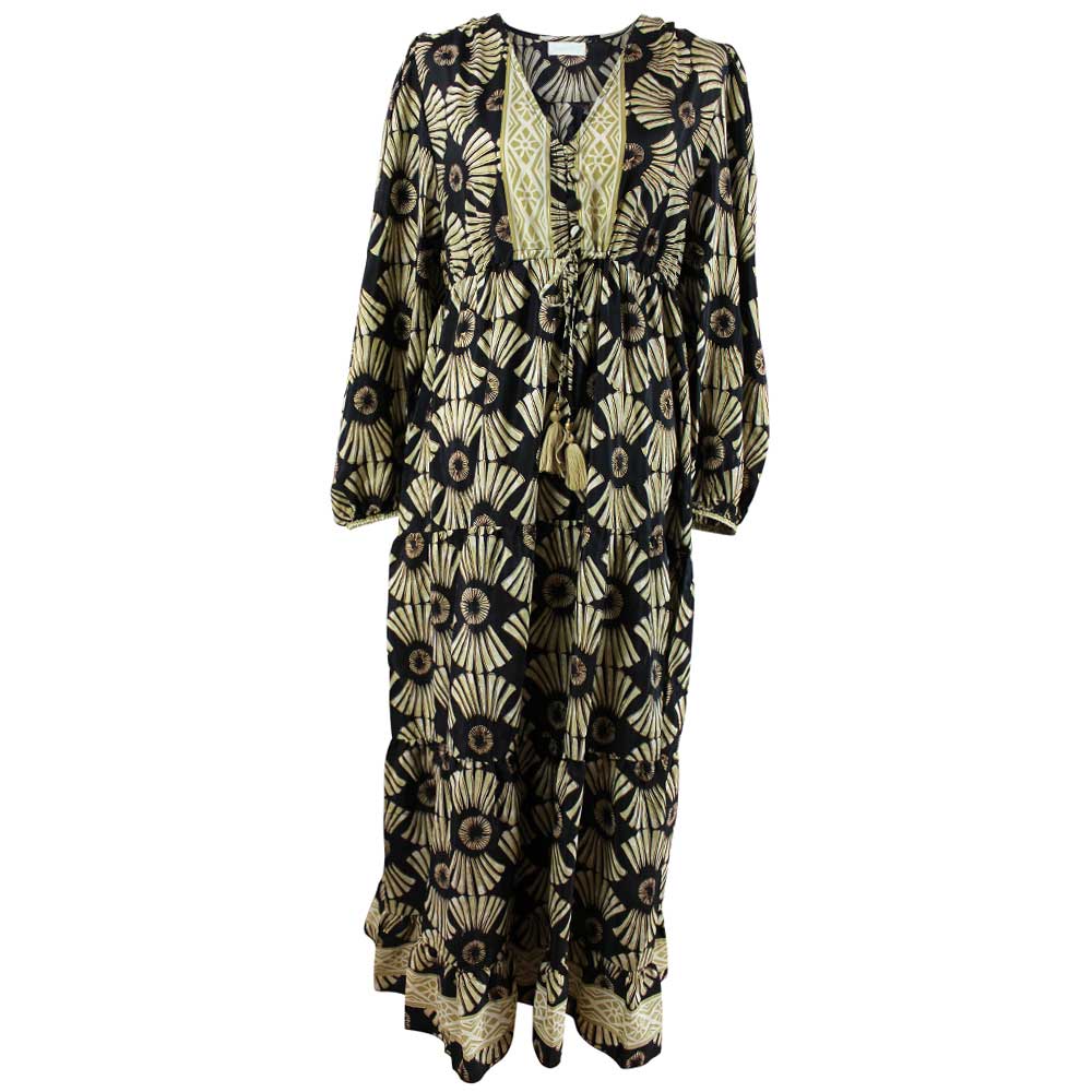 Netra - Black & Gold Fan Print Long Sleeve Dress