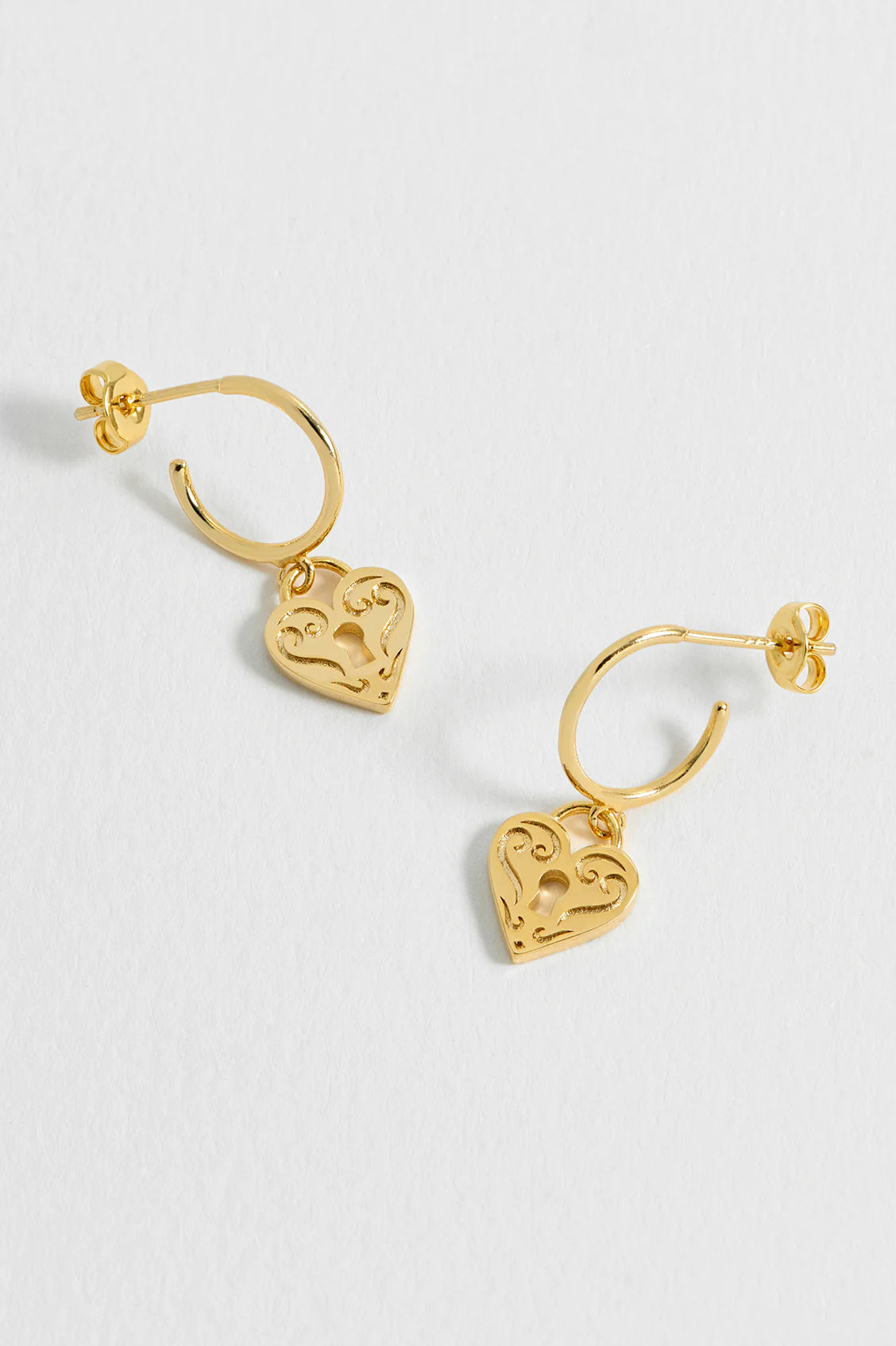 Gold Engraved Heart Padlock Hoop Earrings