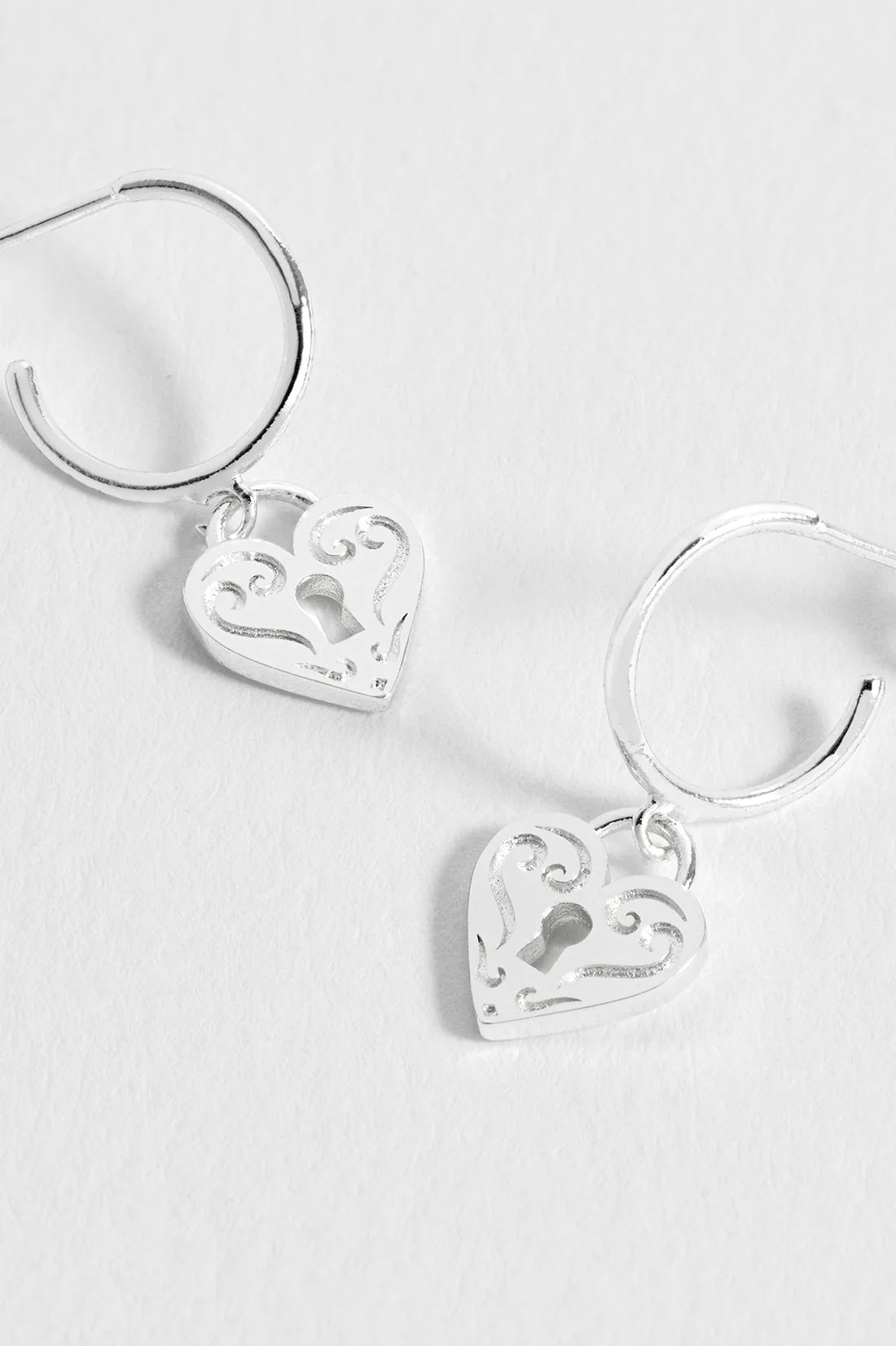 Silver Engraved Heart Padlock Hoop Earrings