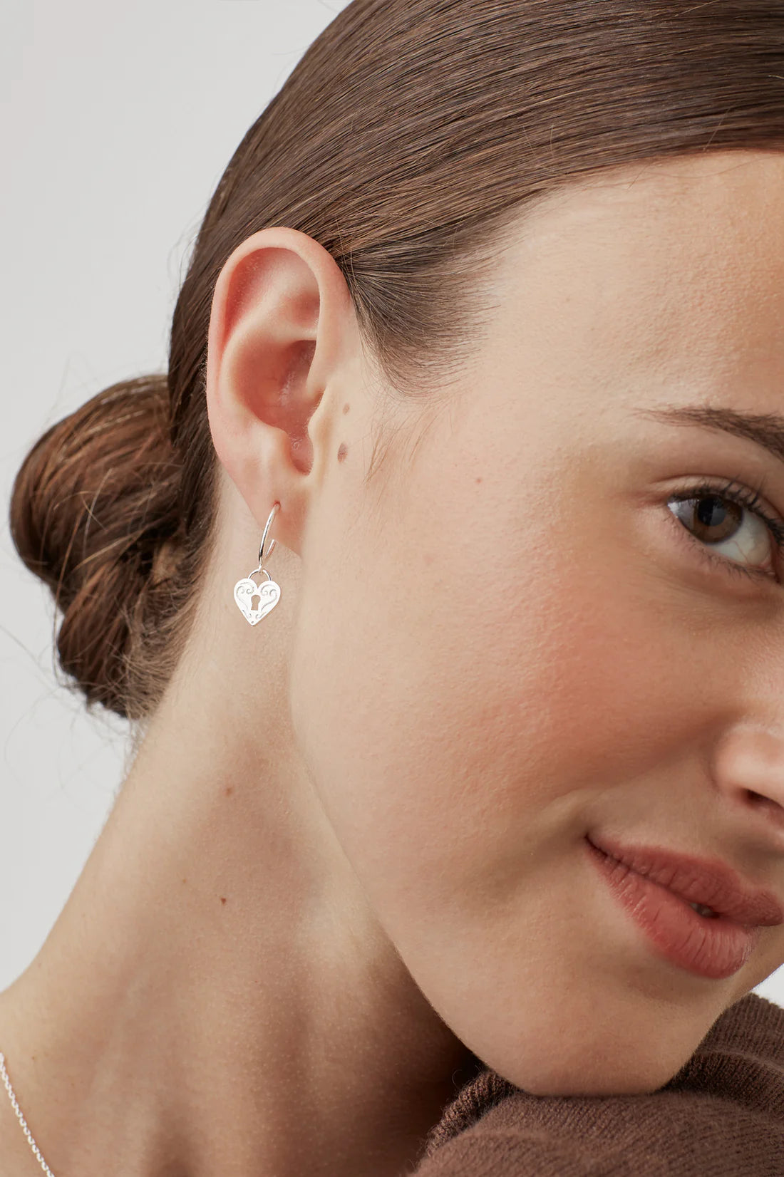 Silver Engraved Heart Padlock Hoop Earrings