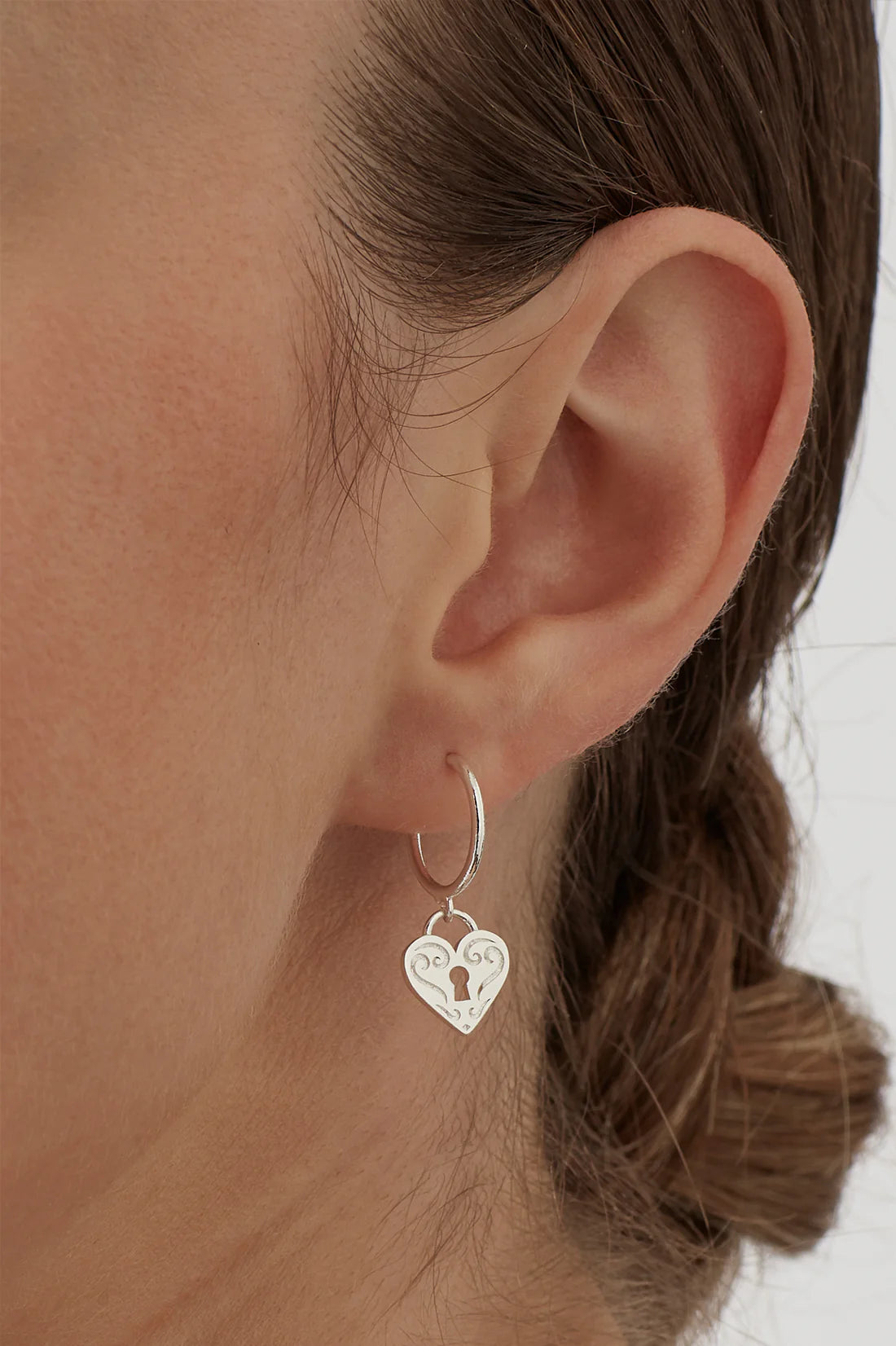 Silver Engraved Heart Padlock Hoop Earrings