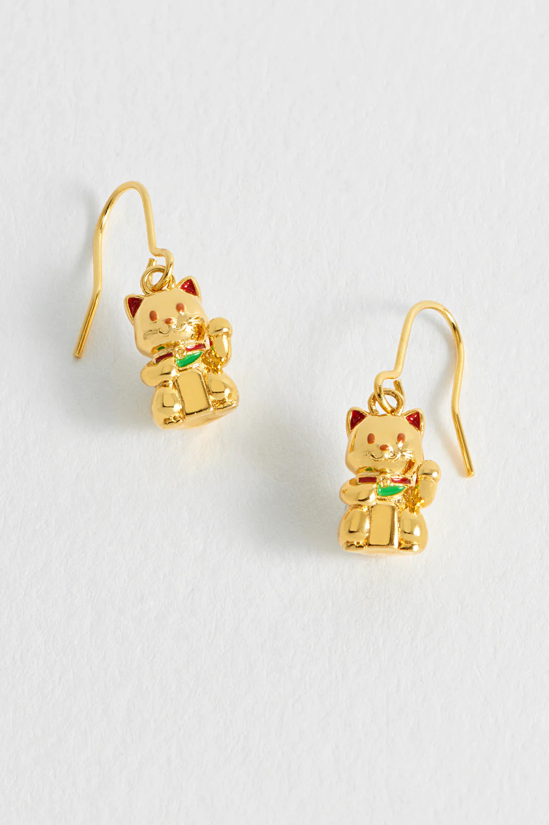 Gold Lucky Cat Drop Hook Earrings