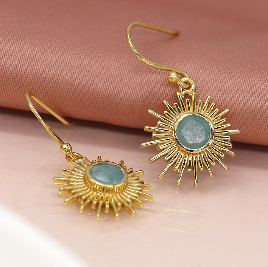 Gold Plated Sunburst and Amazonite Earrings
