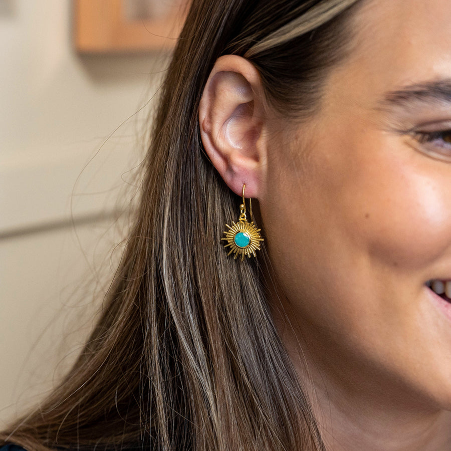 Gold Plated Sunburst and Amazonite Earrings