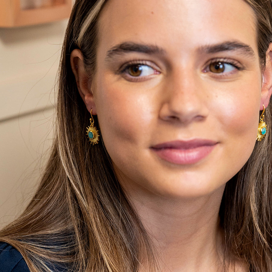 Gold Plated Sunburst and Amazonite Earrings