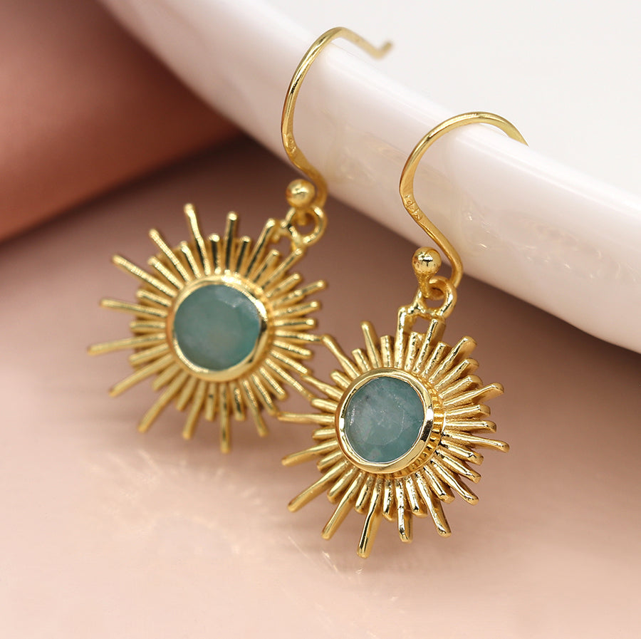 Gold Plated Sunburst and Amazonite Earrings