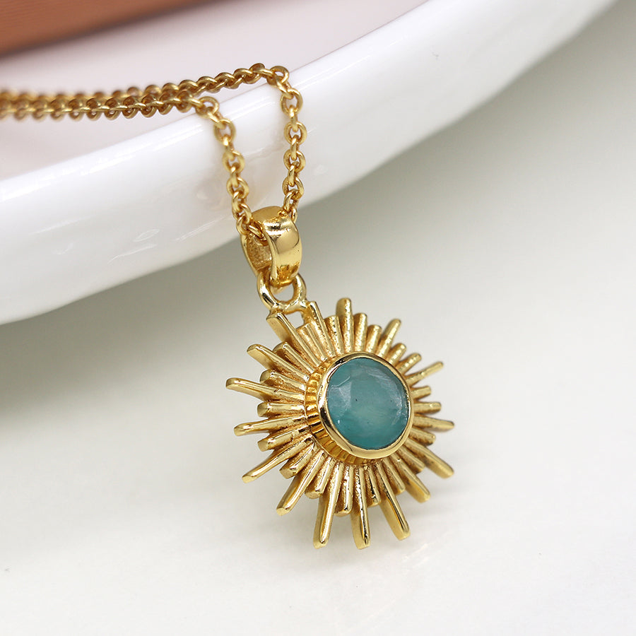 Gold Plated Sunburst Necklace with Amazonite