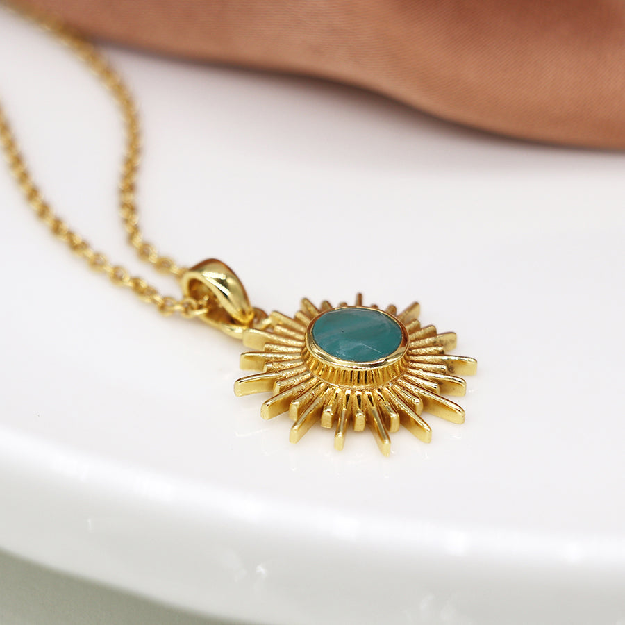 Gold Plated Sunburst Necklace with Amazonite