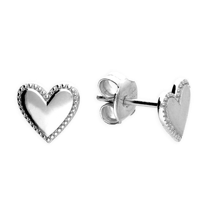 Sterling Silver Heart Stud Earring with Beaded Edge