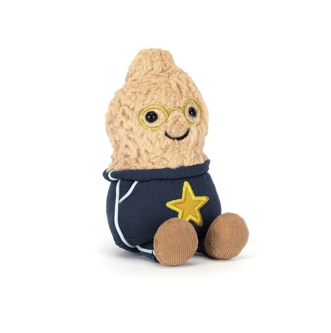 Three-quarter view of Jellycat Peanut Star Student Outfit with round gold-coloured glasses and a yellow star on its navy outfit.