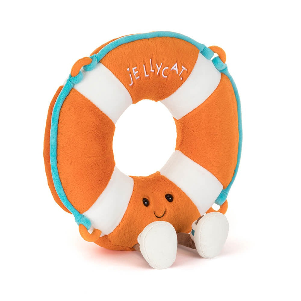 Jellycat Amuseables Life Ring orange-and-white soft toy with turquoise rope detailing and slider sandals.
