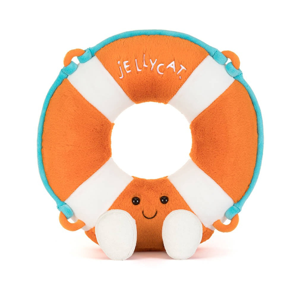 Front view of Jellycat Amuseables Life Ring showing its smiling face, white bands and little sandals.
