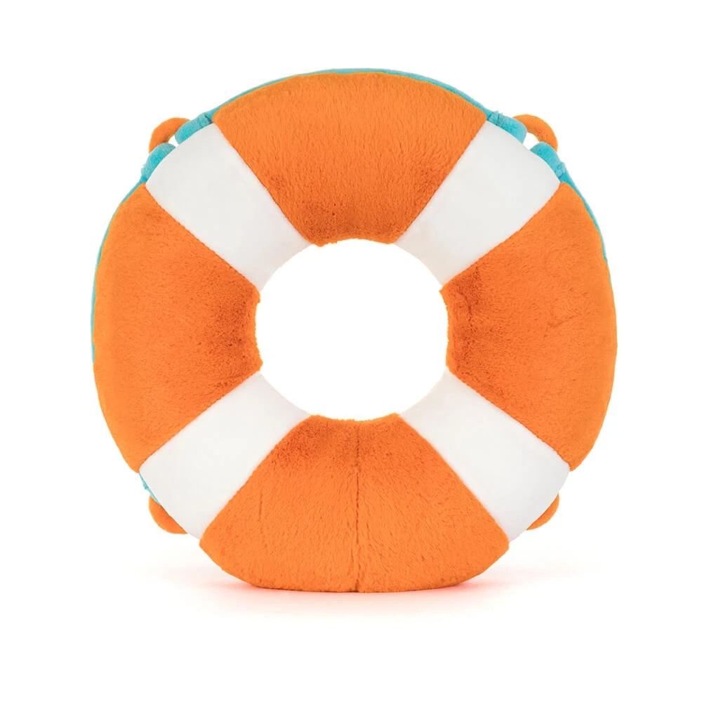 Rear view of Amuseables Life Ring with orange plush fabric, four white bands and turquoise rope detailing.