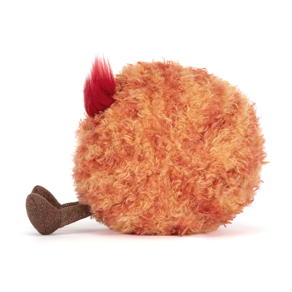 Side view of Jellycat Amuseables Planet Mars showing its round orange body and sparkly brown feet.