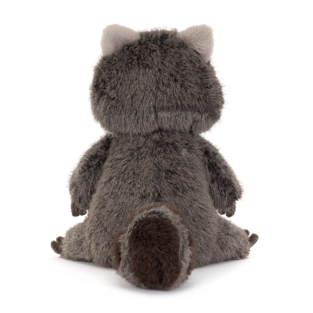 Rear view of Jellycat Trixiwoo Raccoon showing its fluffy back and bushy tail.