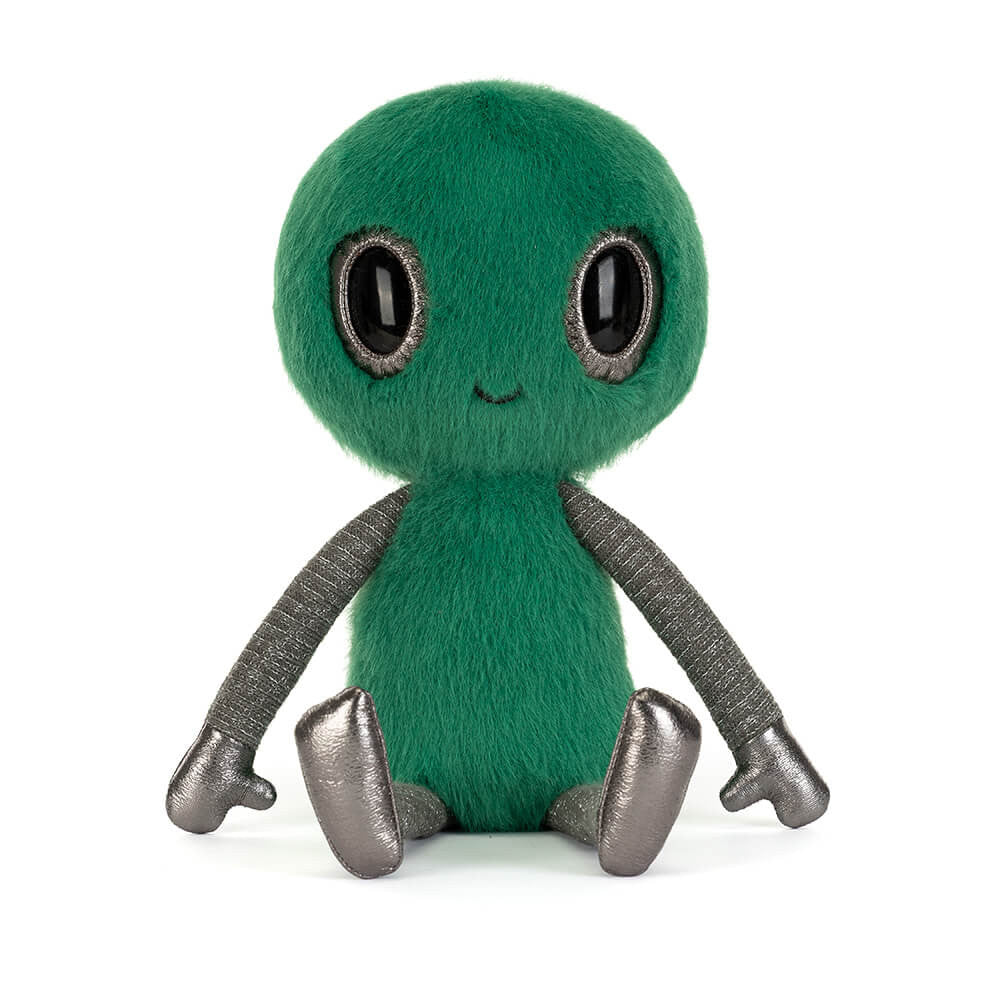 Front view of Jellycat Zyllan Alien with large black eyes, a tiny stitched smile and metallic silver hands and feet.