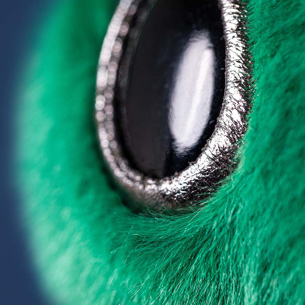 Close-up of Zyllan Alien’s glossy black eye, metallic silver surround and green plush.