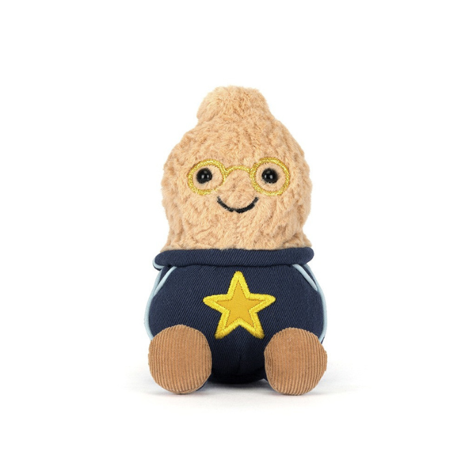 Jellycat Amuseables Peanut Star Student Outfit with gold-coloured glasses, a navy outfit with a yellow star and brown feet.