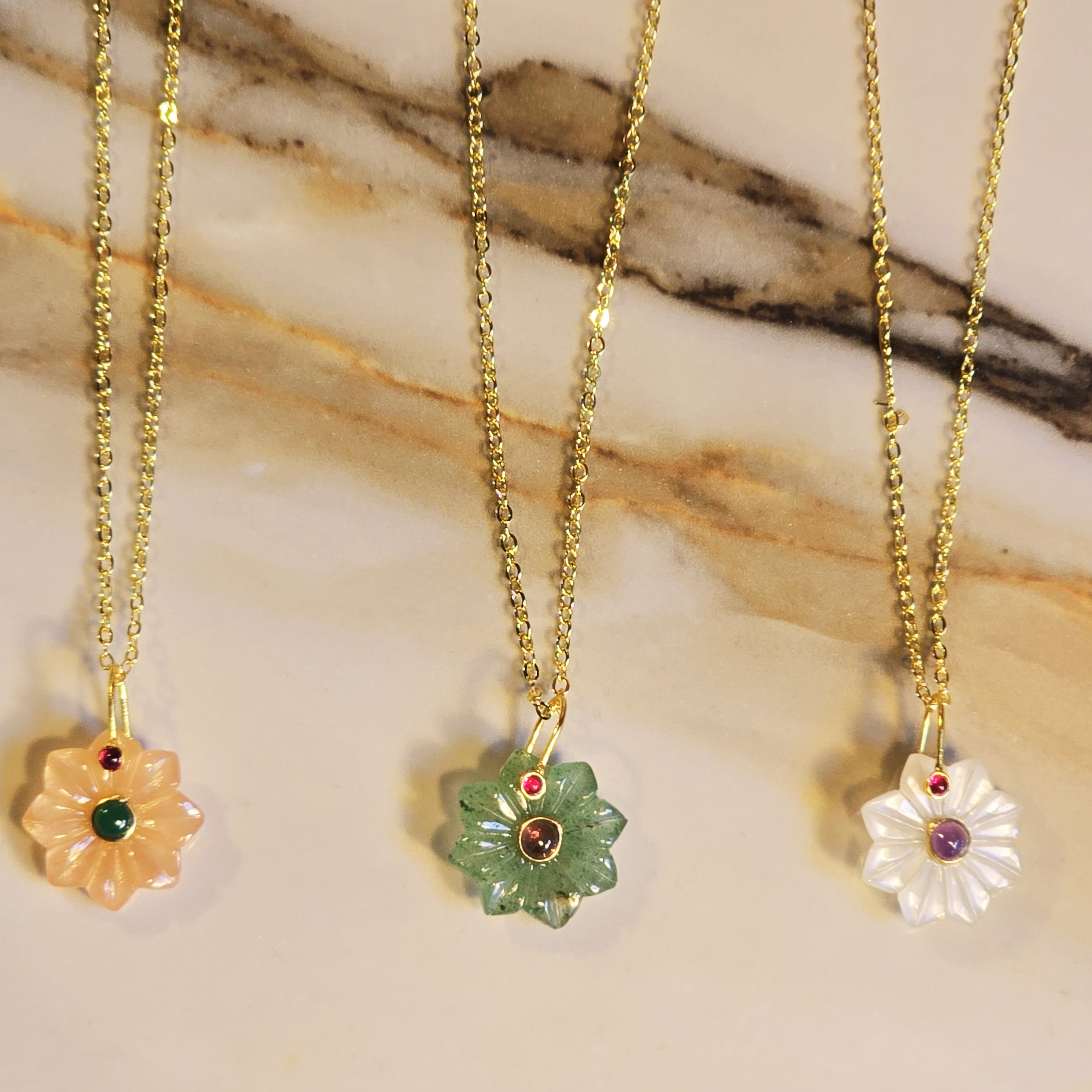 MOOCH London - Carved Gemstone Flower Pendant Necklace