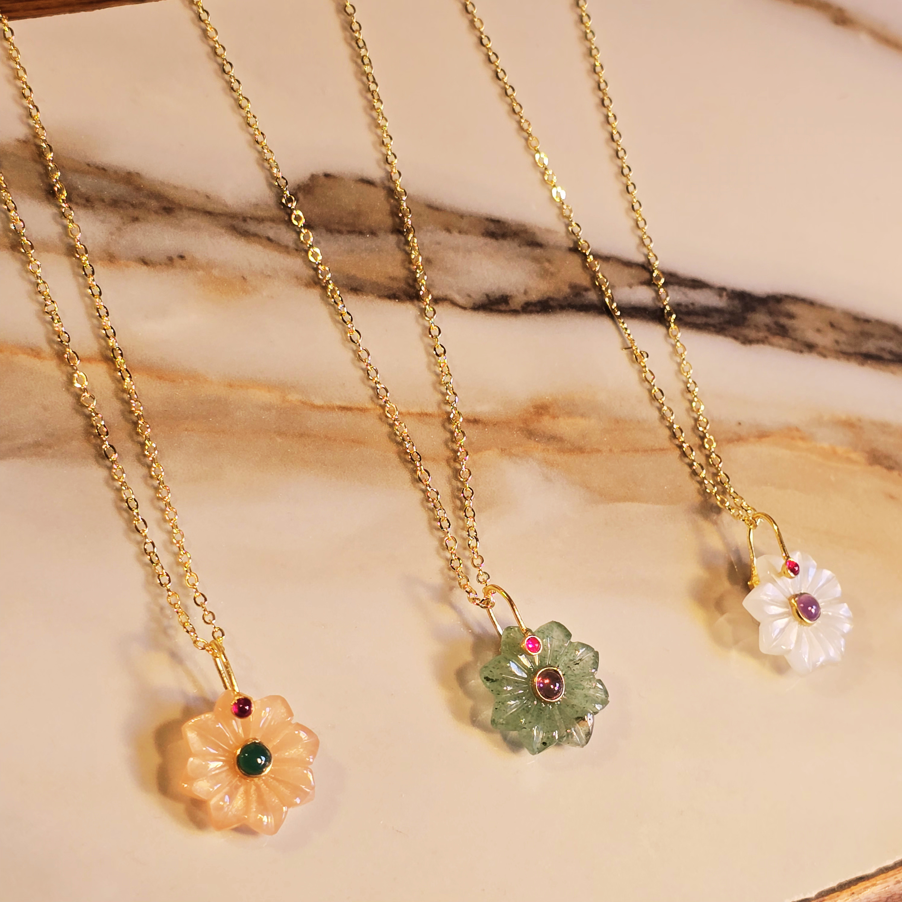 MOOCH London - Carved Gemstone Flower Pendant Necklace