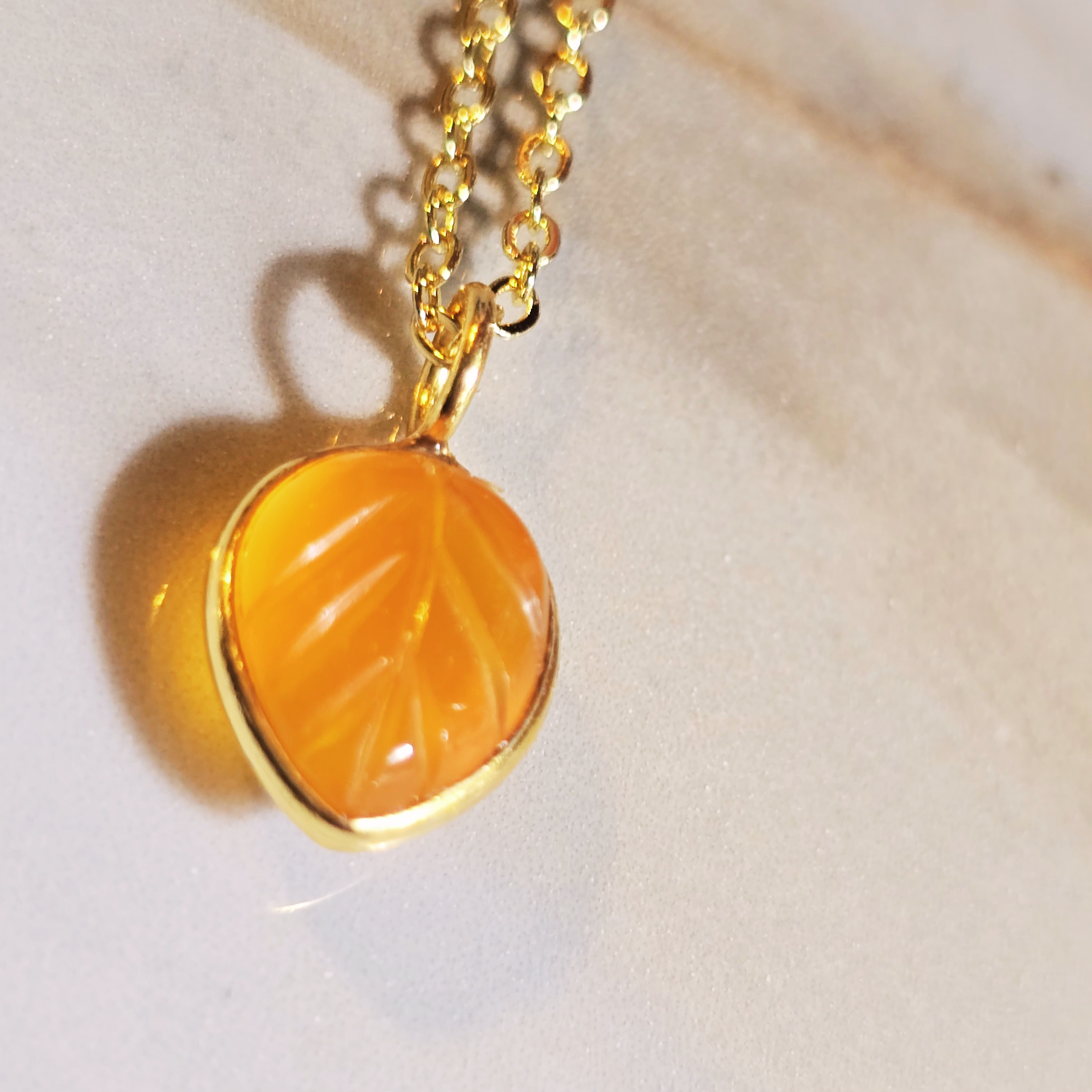 MOOCH London - Carved Gemstone Mini Leaf Pendant Necklace